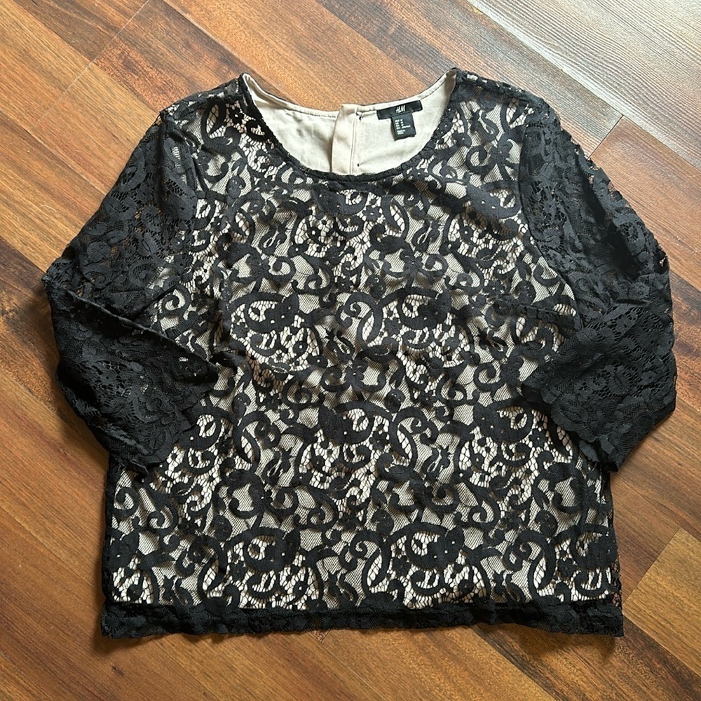 H & M Nude Black Lace Overlay Top size Medium with 3/4 sleeves